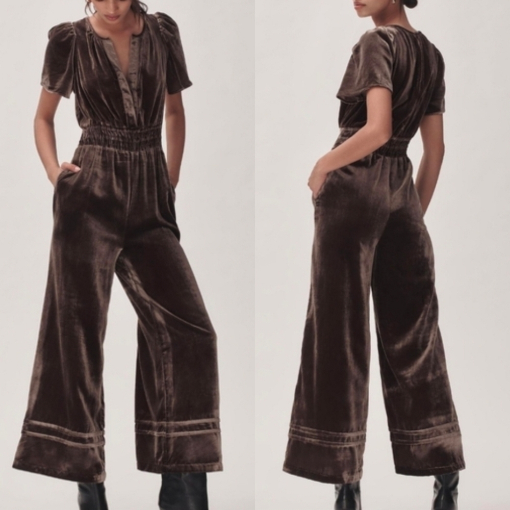$188 Anthropologie Somerset Jumpsuit Velvet Short Sleeve Wide Leg Brown Gold M - Picture 1 of 11